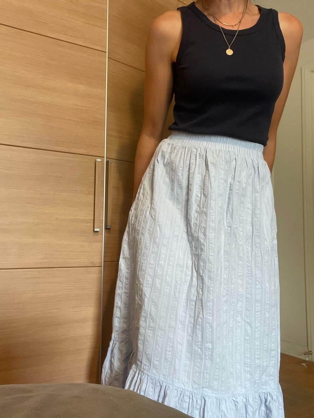 100% Cotton Light Blue Eyelet Ruffle-Hem Maxi Skirt  SHEIN